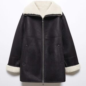 Mango Faux Shearling Faux Leather Black and Cream Coat